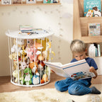 BBLIKE Large Stuffed Animal Storage End Table, Toy Storage for Kids Room | 100L Large Capacity, Metal Frame with Wood Lid, Elastic Rope, Side Handles, Wooden Stuffed Zoo Animal Holder, White
