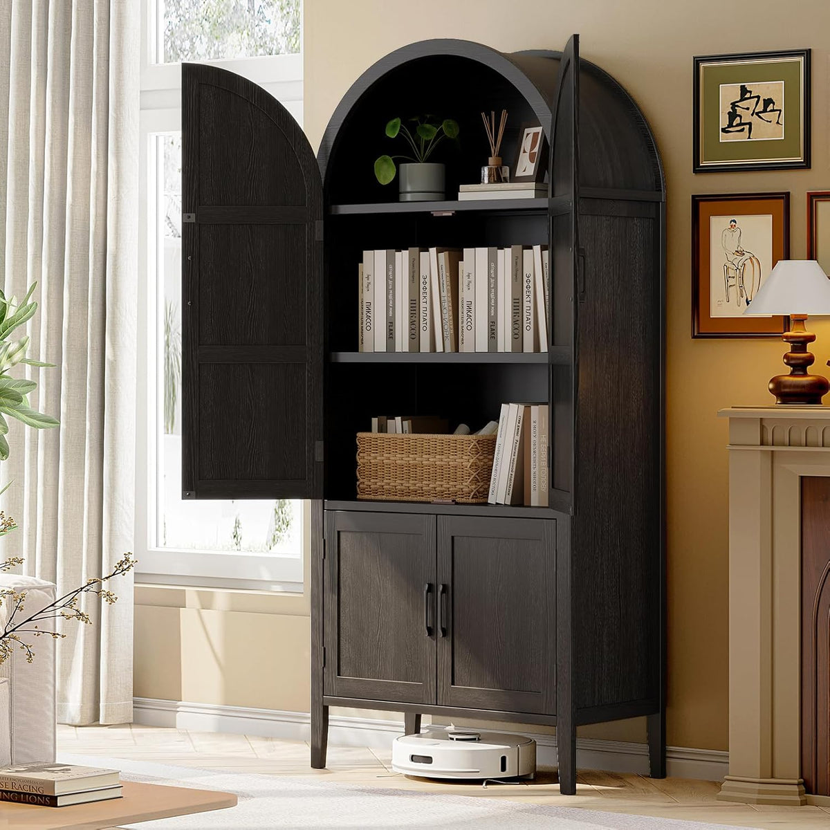 ONBRILL 71" Tall Wooden Arched Cabinet, 5-Tier Arched Kitchen Pantry Cabinet with Doors & Shelves, Farmhouse Kitchen Arch Cabinets with Adjustable Feet, Wooden Pantry Storage for Dining Room(Black)