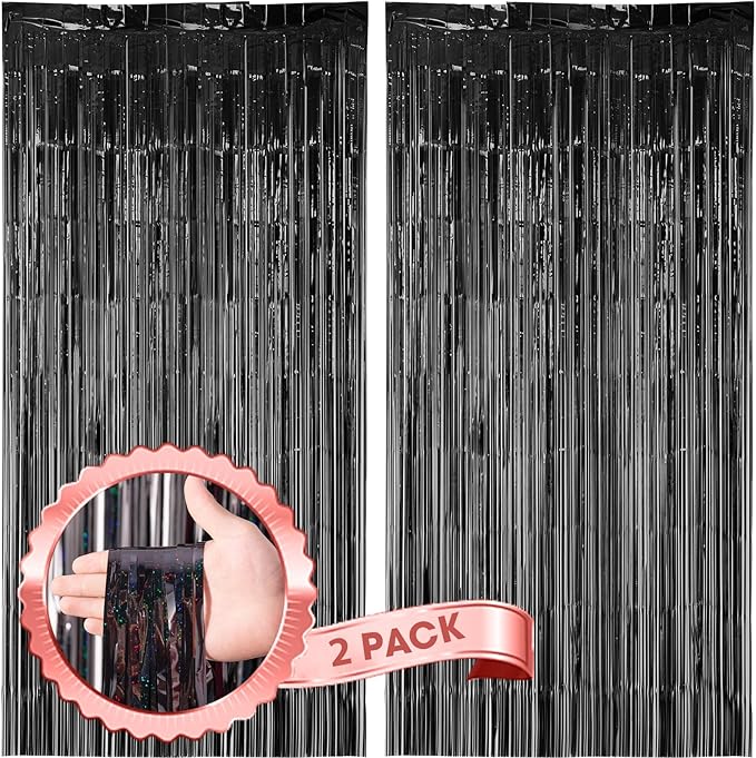 2 Pack Laser Black Foil Fringe Backdrop Curtains, Tinsel Streamers Birthday Party Decorations, Fringe Backdrop for Graduation, Baby Shower, Gender Reveal, Disco Party