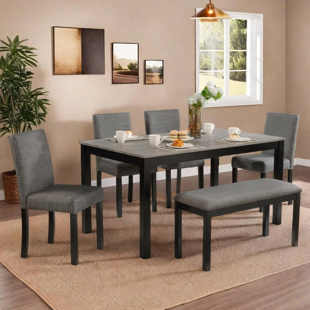 6 Piece Dining Table Set, Counter Height Kitchen Sets, Black | Rectangular Table, 4 Upholstered Backrest Chairs and a Bench, Wood Grain Surface, Modern Dining Room Table Set for 5