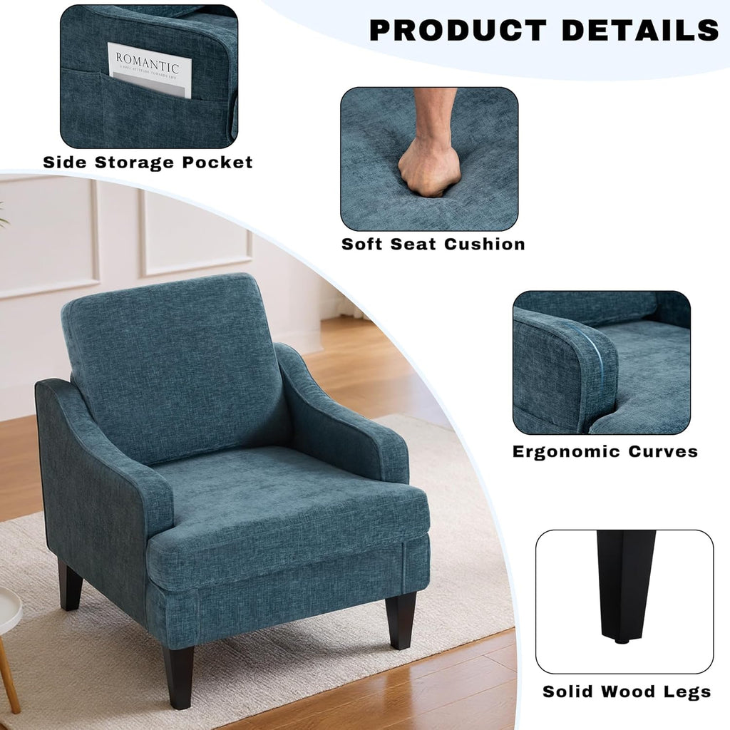 Accent Chair for Living Room,Mid-Century Arm Chair Fabric Living Room Chairs,Upholstered Reading Chair for Bedroom,Single Sofa Chair with Wood Legs for Apartment (1, Chenille Blue)