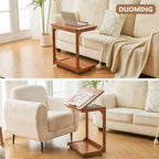 DUOMING Small Laptop Table with Wheels - Rolling Laptop Side Table Desk for Couch, Bedside Table Bedroom, Wooden TV Tray for Living Room, Teak