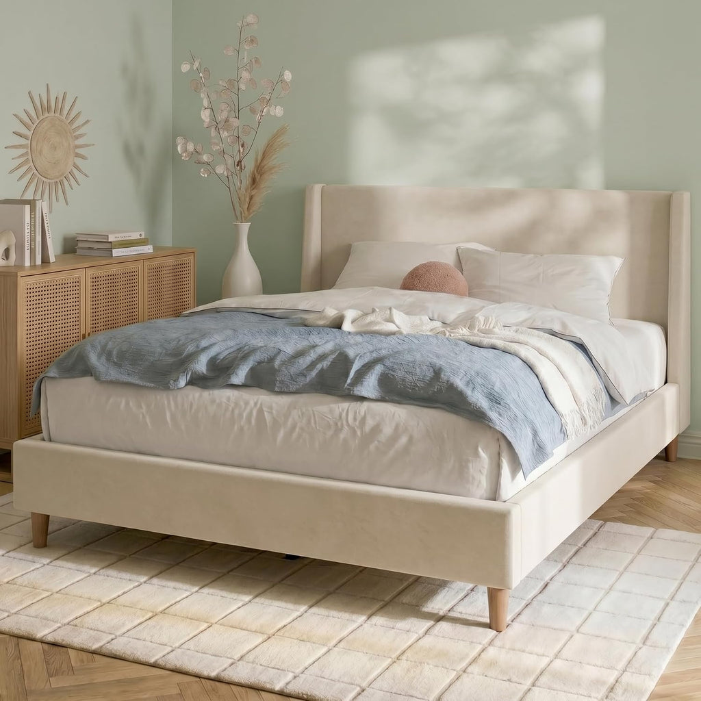 Merax King Size Velvet Bed Frame with Wingback Headboard, Upholstered Platform Bedframe with Solid Wooden Leg, Wood Slats for Bedroom, No Box Spring Needed, Easy Assembly, Modern Luxury Style, Beige