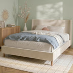 Merax King Size Velvet Bed Frame with Wingback Headboard, Upholstered Platform Bedframe with Solid Wooden Leg, Wood Slats for Bedroom, No Box Spring Needed, Easy Assembly, Modern Luxury Style, Beige