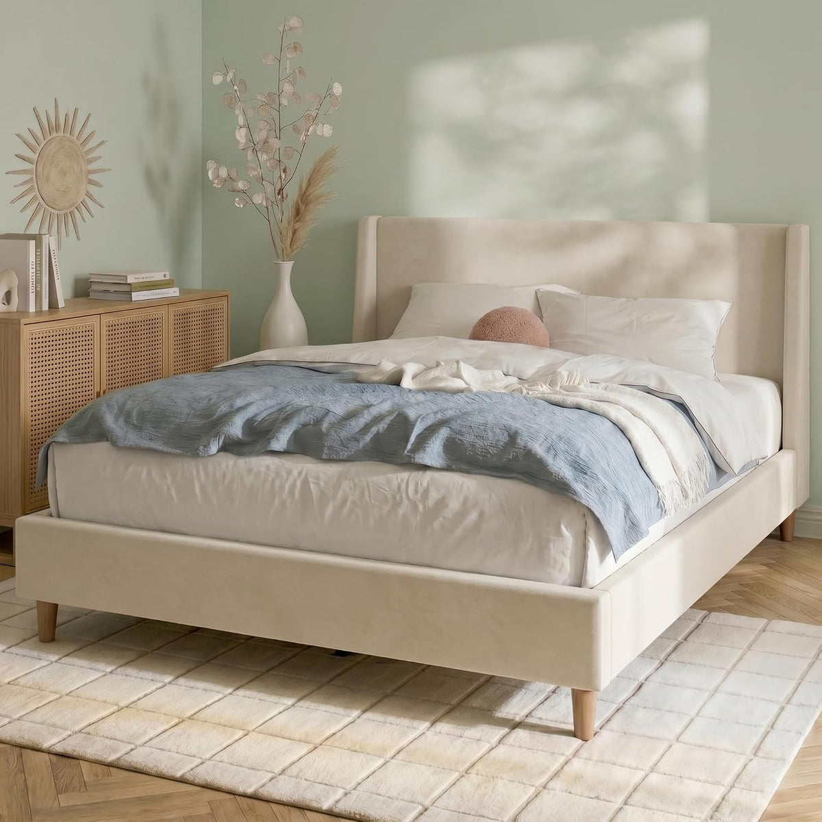 Merax King Size Velvet Bed Frame with Wingback Headboard, Upholstered Platform Bedframe with Solid Wooden Leg, Wood Slats for Bedroom, No Box Spring Needed, Easy Assembly, Modern Luxury Style, Beige