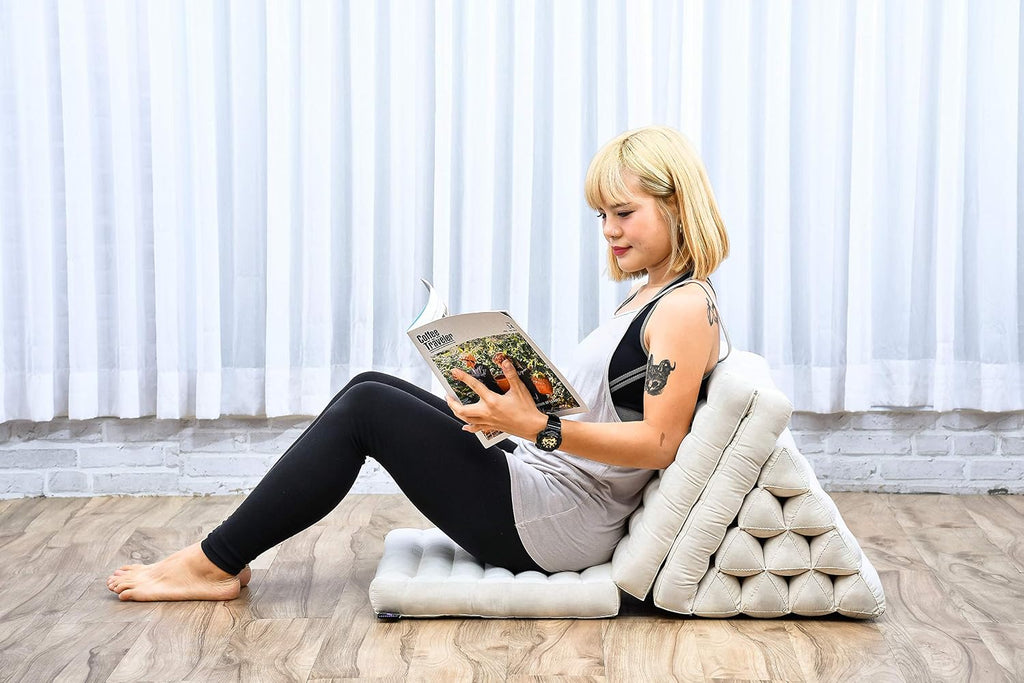 Leewadee - Comfortable Japanese Floor Mattress - Thai Floor Bed with Triangle Cushion - Futon Mattress - Thai Massage Mat, 67 x 21 inches, Ecru, Kapok Filling | Floor & lounge cushion for relaxing, reading & TV - for meditation & yoga, firm & stable