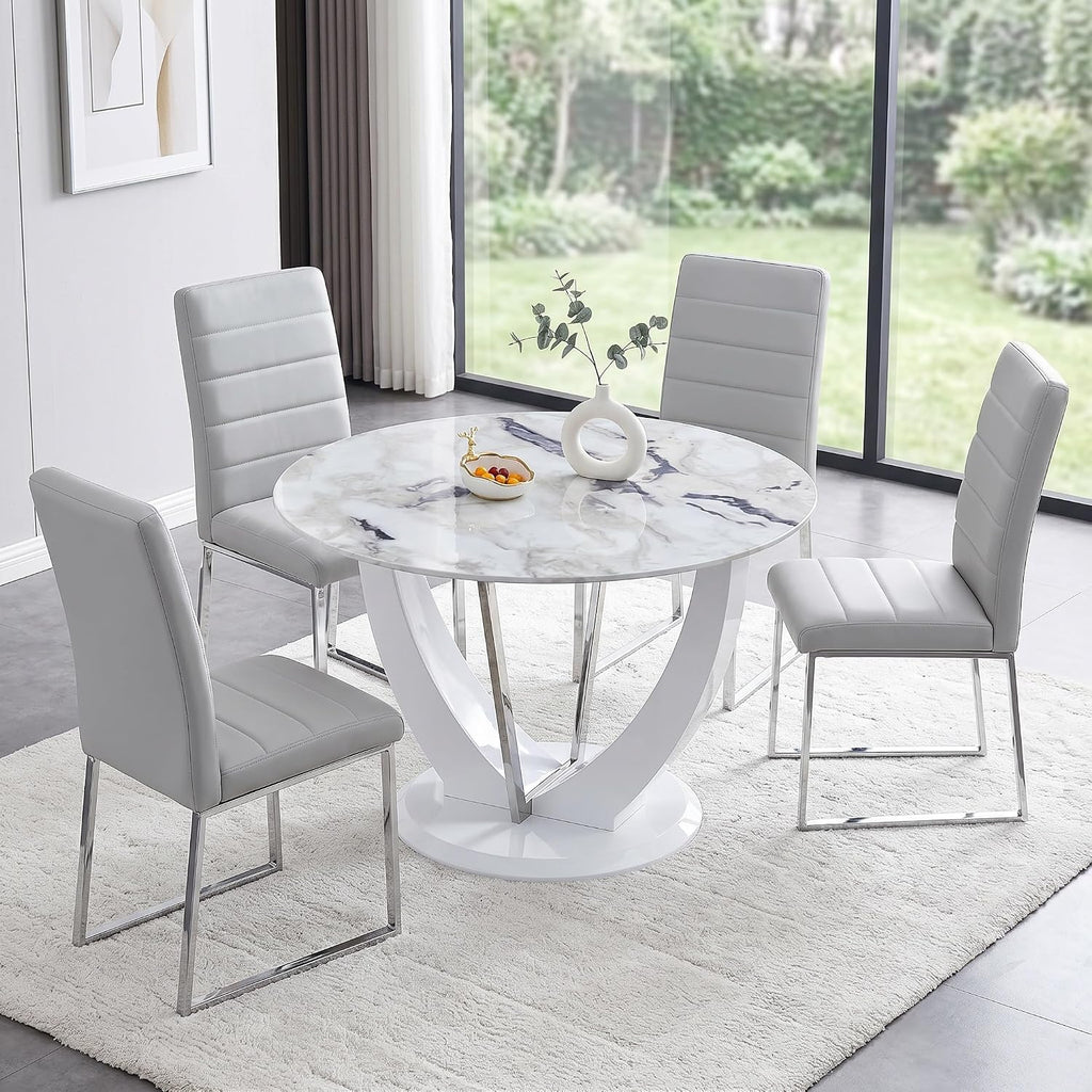 Modern 5 Piece Round Dining Table Set for 4, 47.2" White Faux Marble Kitchen Table with Upholstered PU Leather Chairs, Dining Room Furniture Set for Apartment, Breakfast Nook, Small Space