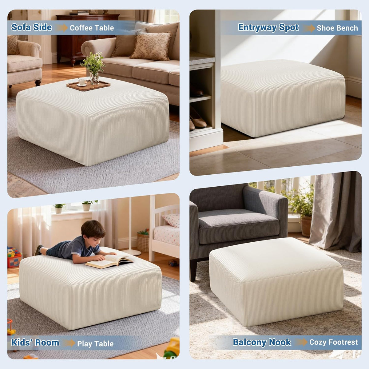 40" Oversized Square Corduroy Ottoman Pouf - Poofy Soft Foot Rest with Foam Chunk Filling, Movable Large Ottoman Pouf Footstool for Living Room Sofa Couch Bedroom, Beige (1 Piece)
