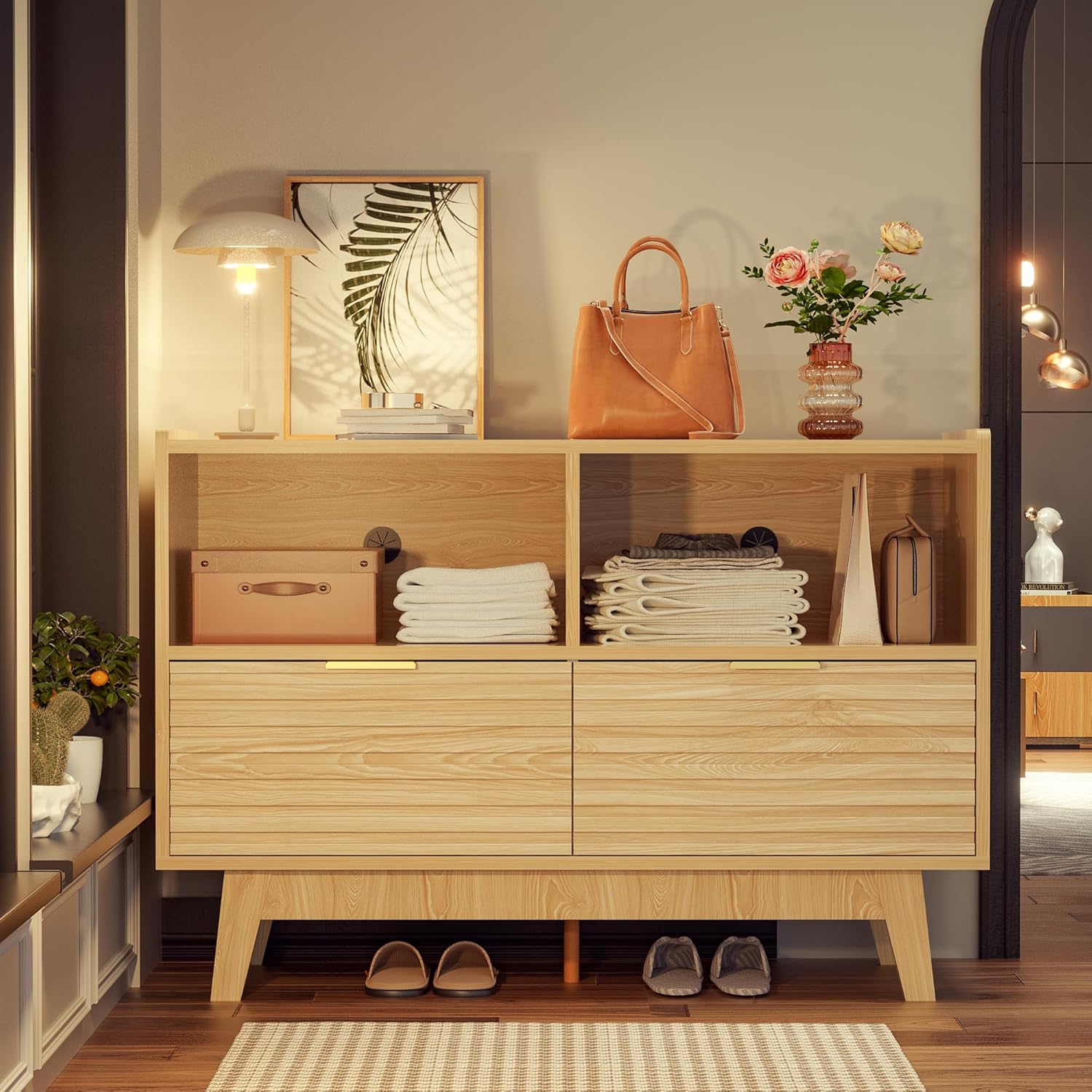 Fluted Buffet Sideboard Oak, Modern Storage Cabinet w/Cord Cutout, Accent Cabinet with Solid Wood Legs, Console Table w/Swing Doors & Open Shelves, Credenza for Living Room, Hallway, Entryway
