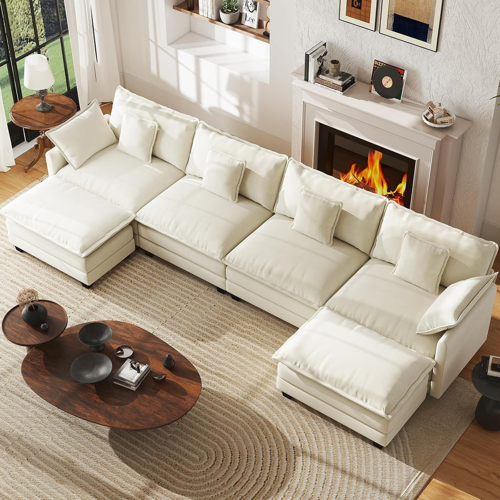WorthFurni 146" Oversized Modular Sectional Sofa, U Shaped Cloud Couch Set, 4-Seater Comfy Chenille Couches with 2 Movable Ottomans, DIY Combination for Living Room (Beige)