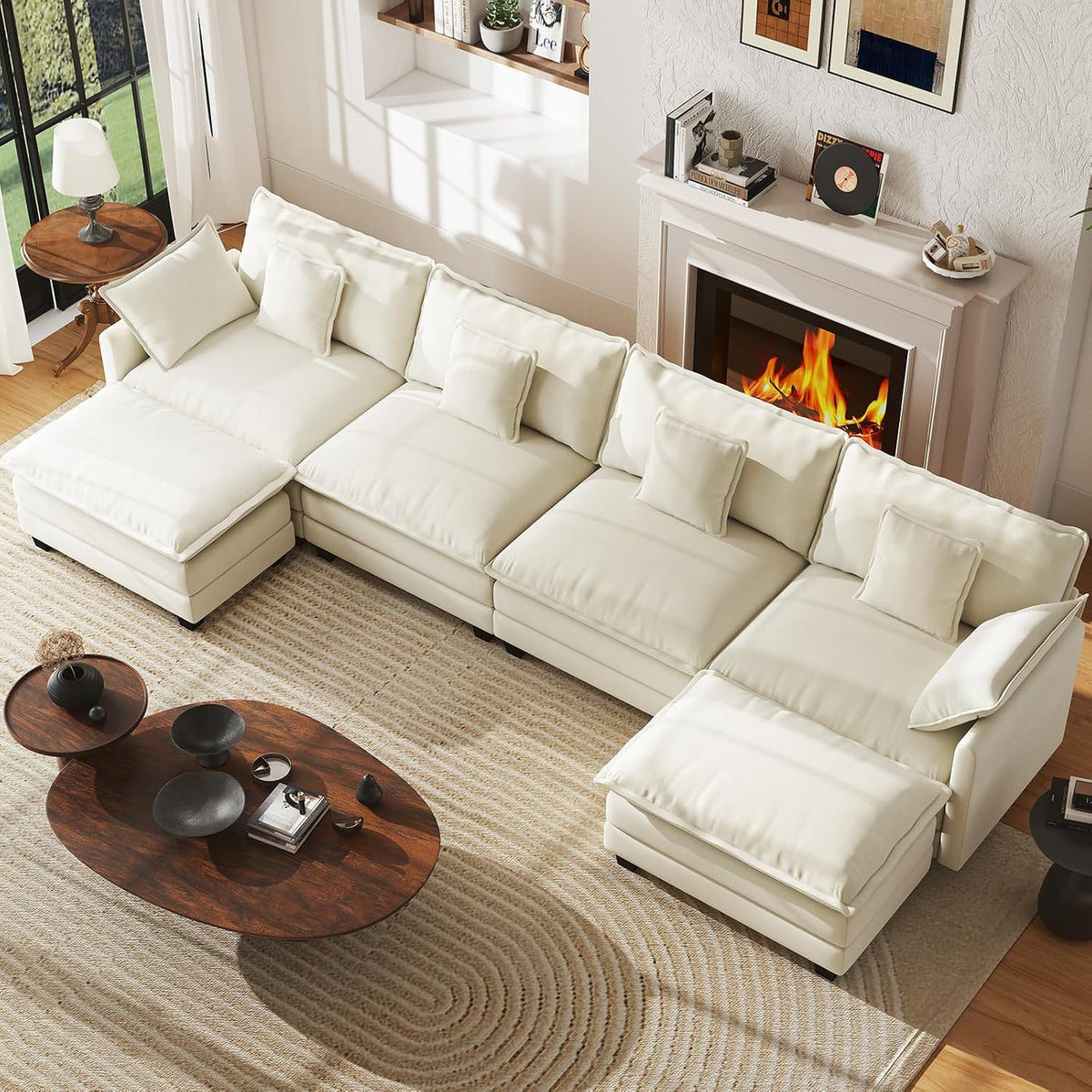 WorthFurni 146" Oversized Modular Sectional Sofa, U Shaped Cloud Couch Set, 4-Seater Comfy Chenille Couches with 2 Movable Ottomans, DIY Combination for Living Room (Beige)