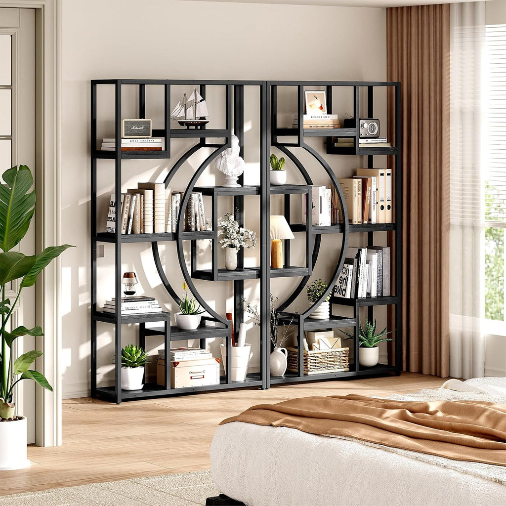 LGHM Bookshelf Set of 2 with Metal Frame, 5 Tier Geometric Bookcase, Adjustable Modern Book Shelf with 18 Open Storage Shelves, Display Shelf for Living Room, Office, Bedroom,Black