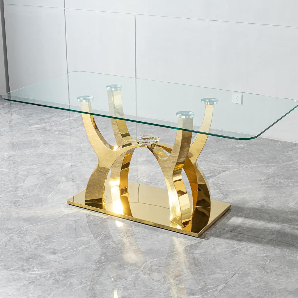 68.9" Rectangle Glass Dining Table for 6 People, Modern Luxury Kitchen Table with Tempered Glass Top, Gold Stainless Steel Curved Base with Crystal Decoration