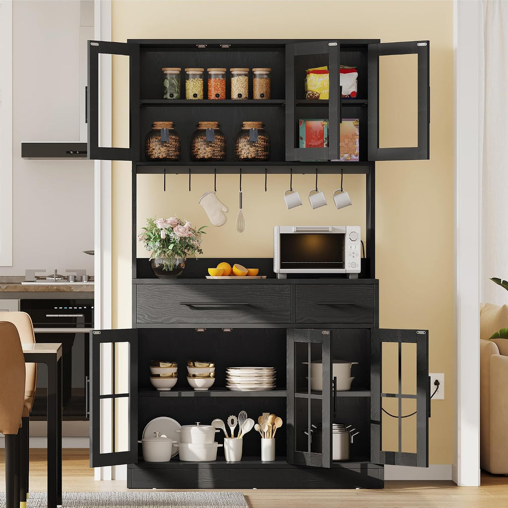 YITAHOME 71" Tall Kitchen Pantry Cabinet with Microwave Stand & Built-in Power Outlet, Buffet Cupboard with Acrylic Doors, Drawers and 8 Hanging Hooks for Kitchen, Dining Room, Living Room, Black Oak