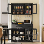 YITAHOME 71" Tall Kitchen Pantry Cabinet with Microwave Stand & Built-in Power Outlet, Buffet Cupboard with Acrylic Doors, Drawers and 8 Hanging Hooks for Kitchen, Dining Room, Living Room, Black Oak