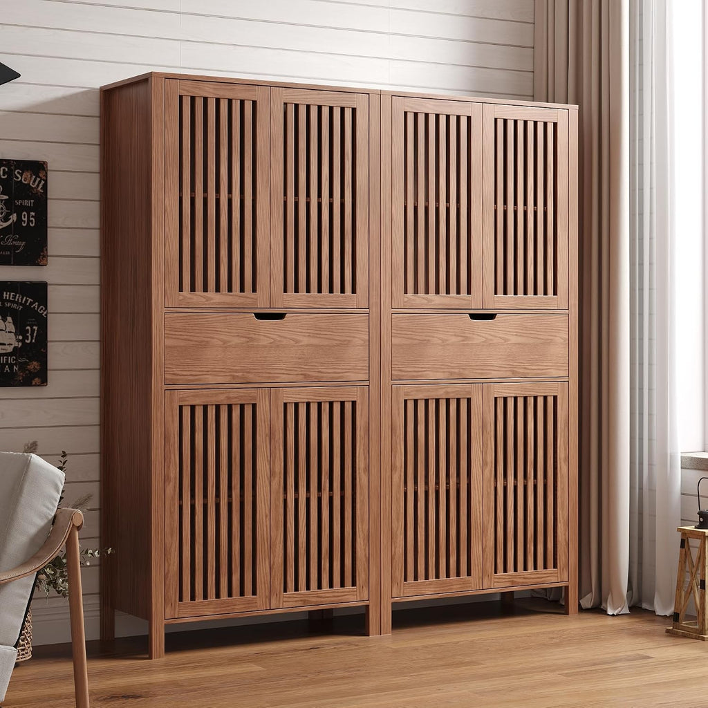 Set of 2 Pantry Cabinet, 69" Tall Freestanding Storage Cabinet with Louvered Doors and 4-Tier Adjustable Shelves, Modern Farmhouse Tall Cupboard with Large Drawers for Kitchen, Living Room, Brown