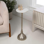 Eyely DNE4001B Kai 23.75" Art Deco Metal Pedestal Drink Table and Decorative End Table w/White Marble Round Top and Hammered Base for Living Room, Bedroom, Nickel