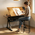 Height Adjustable Drafting Table Drawing Table Artist Desk Tilting Tabletop Art Craft Desk with 2 Storage Drawers and Stool, Art Craft Desk for Artist Painters Drawing Painting (Brown+Black)