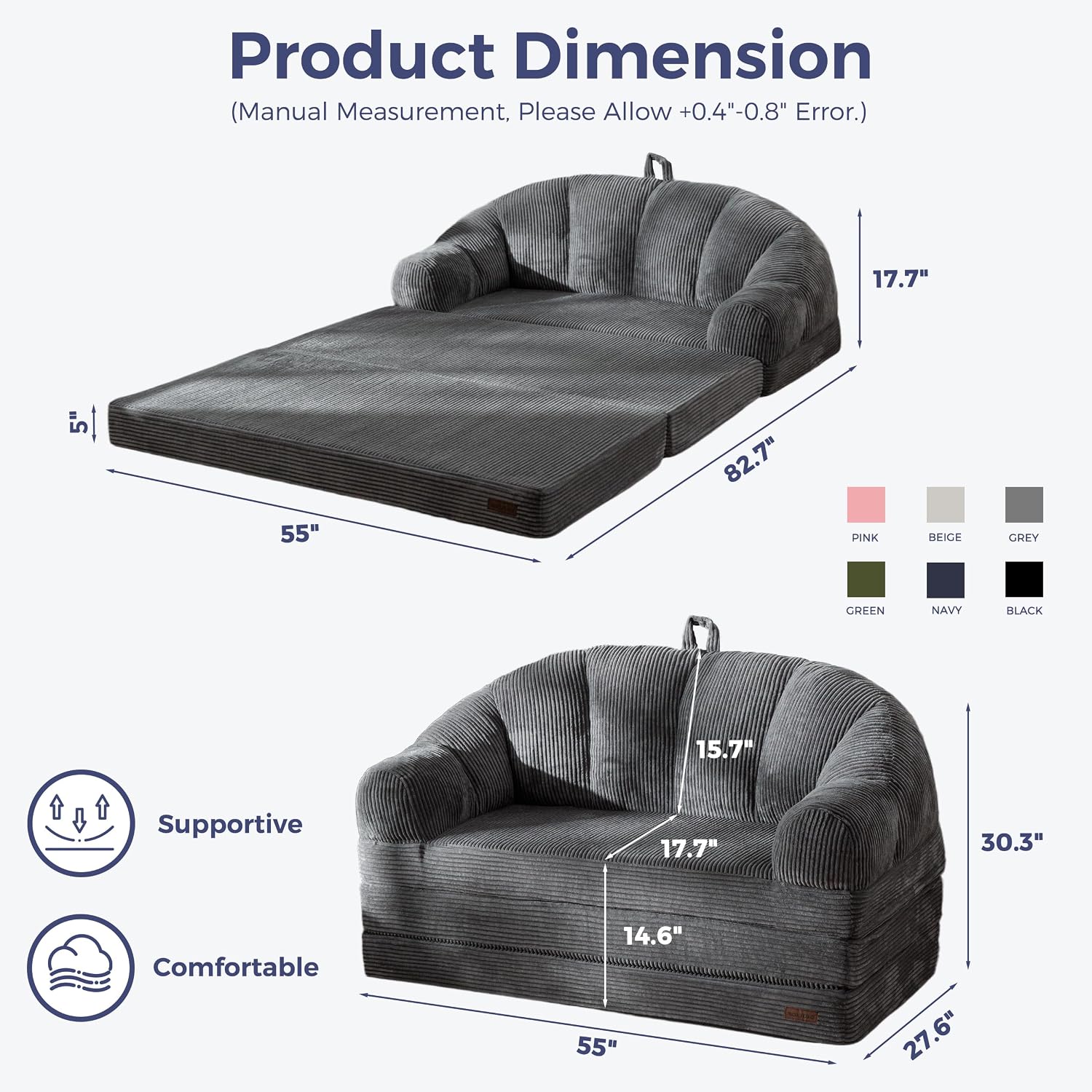 MAXYOYO Folding Sofa Bed with Backrest, Fold Out Couch with Handle | 2 in 1 Convertible Bean Bag Chair to Floor Sofa Lounger, Comfy Folding Couch for Bedroom & Living Room, Dark Grey, Loveseat