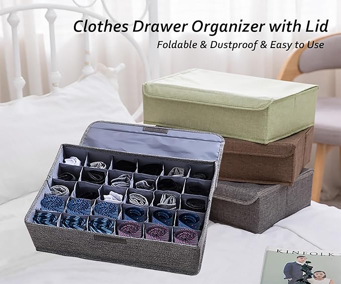 AARAINBOW 2 Packs Underwear Socks Ties Storage Organizer with Lids Foldable Closet Drawer Organizer 60 Cells, Fabric Wardrobe Divider Storage Boxes for Scarves and Lingerie (30 Cell, 2 Gray)