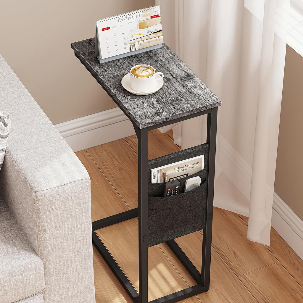 TUTOTAK C Shaped End Table, Side Table for Couch, Sofa Table with Storage Bag, TV Tray for Living Room, Bedroom, Charcoal Grey TB01BY082