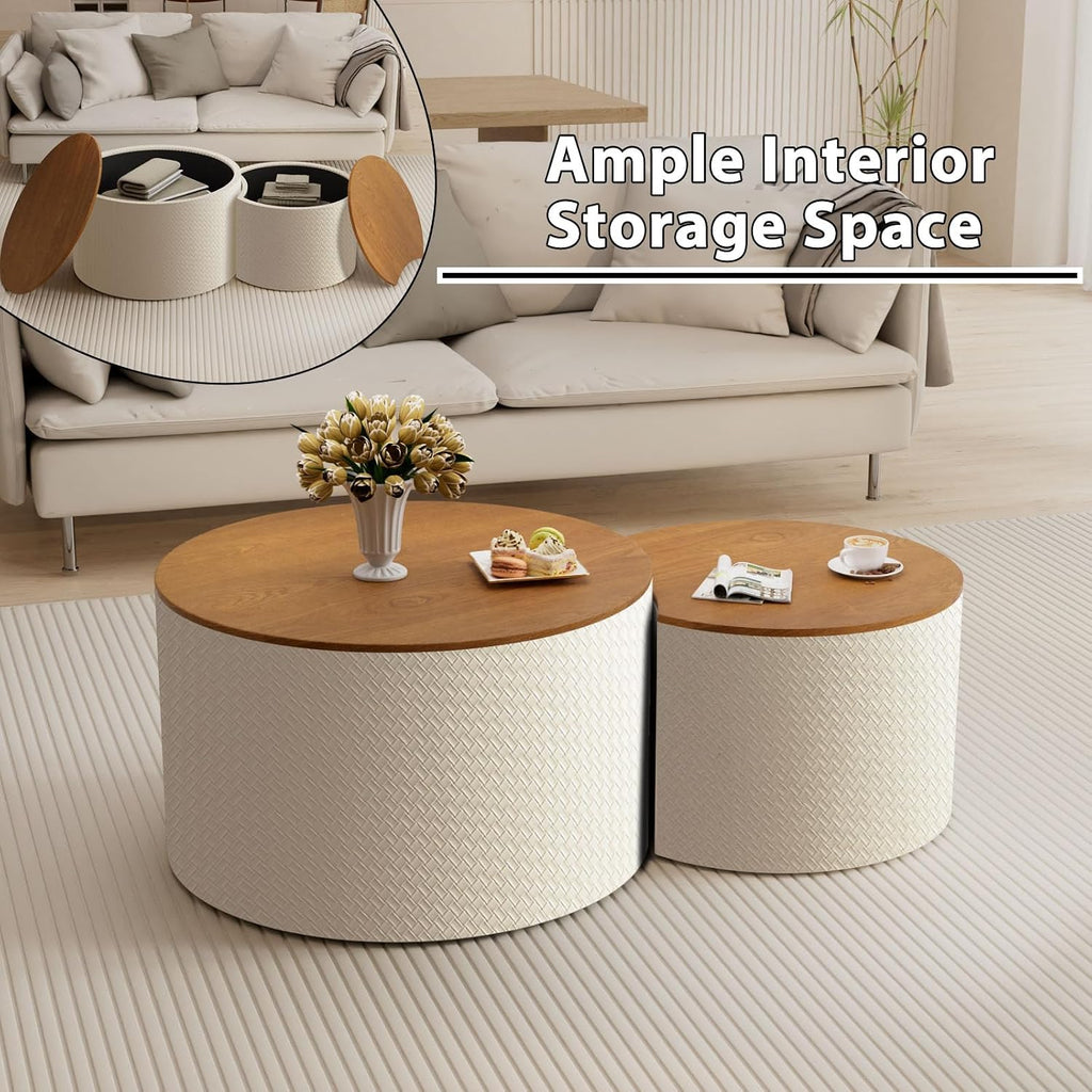 26.8" Nesting Round Coffee Table Set of 2 with Storage | Stackable Round Side End Table Nesting Set, White Upholstery, Wood Frame, Built-In Storage, For Small Living Space