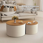 26.8" Nesting Round Coffee Table Set of 2 with Storage | Stackable Round Side End Table Nesting Set, White Upholstery, Wood Frame, Built-In Storage, For Small Living Space