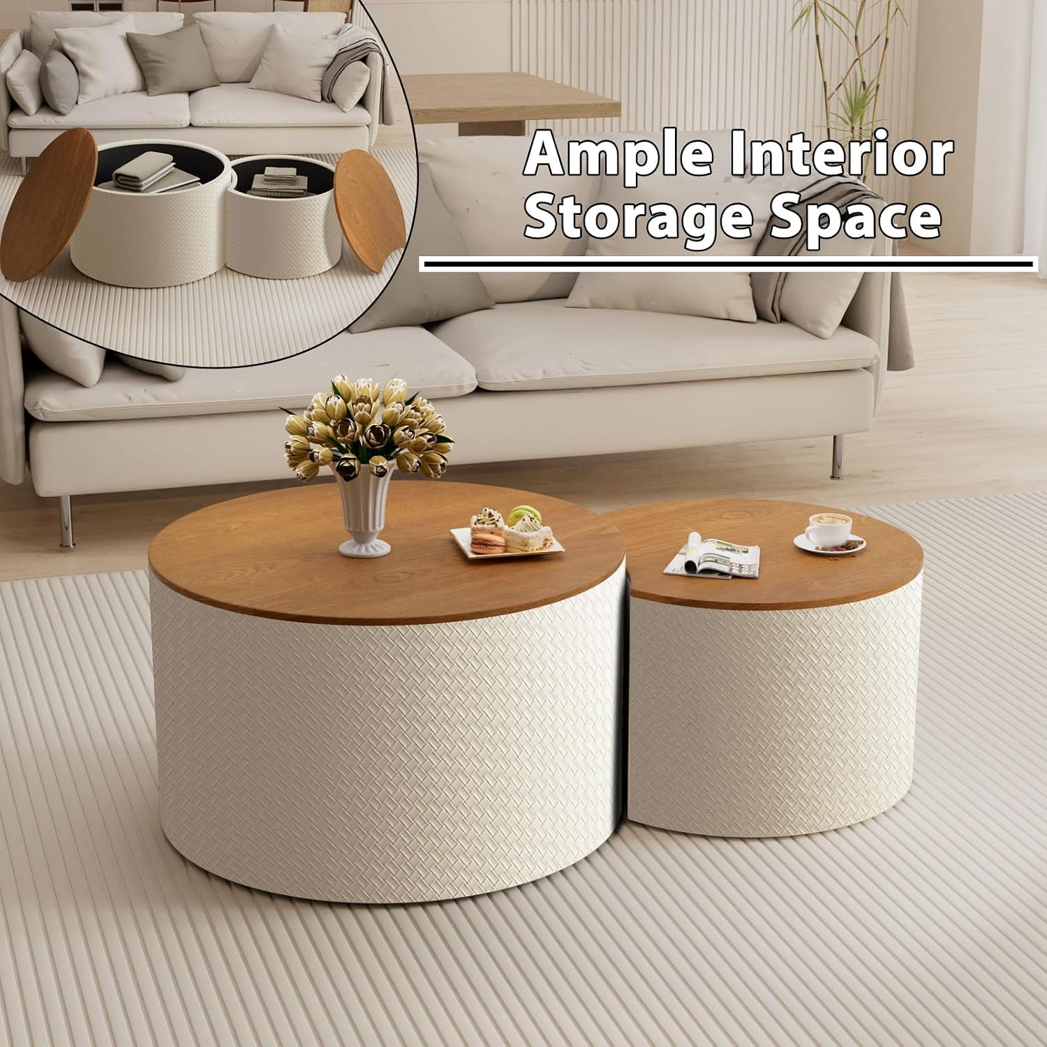 26.8" Nesting Round Coffee Table Set of 2 with Storage | Stackable Round Side End Table Nesting Set, White Upholstery, Wood Frame, Built-In Storage, For Small Living Space