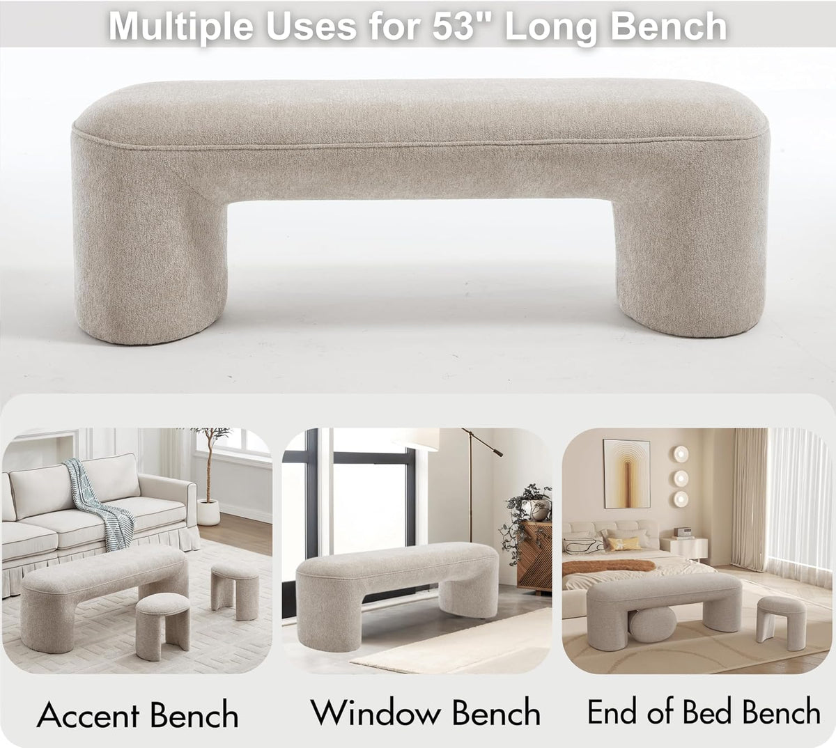 Hyfirm 3-Pieces Modern Upholstered Ottoman Waterfall Bench for Bedroom End of Bed, 53" Chenille Entryway Bench Sets, Comfy Indoor Narrow Window Bench Bed Stool Living Room Bedroom, Oatmeal