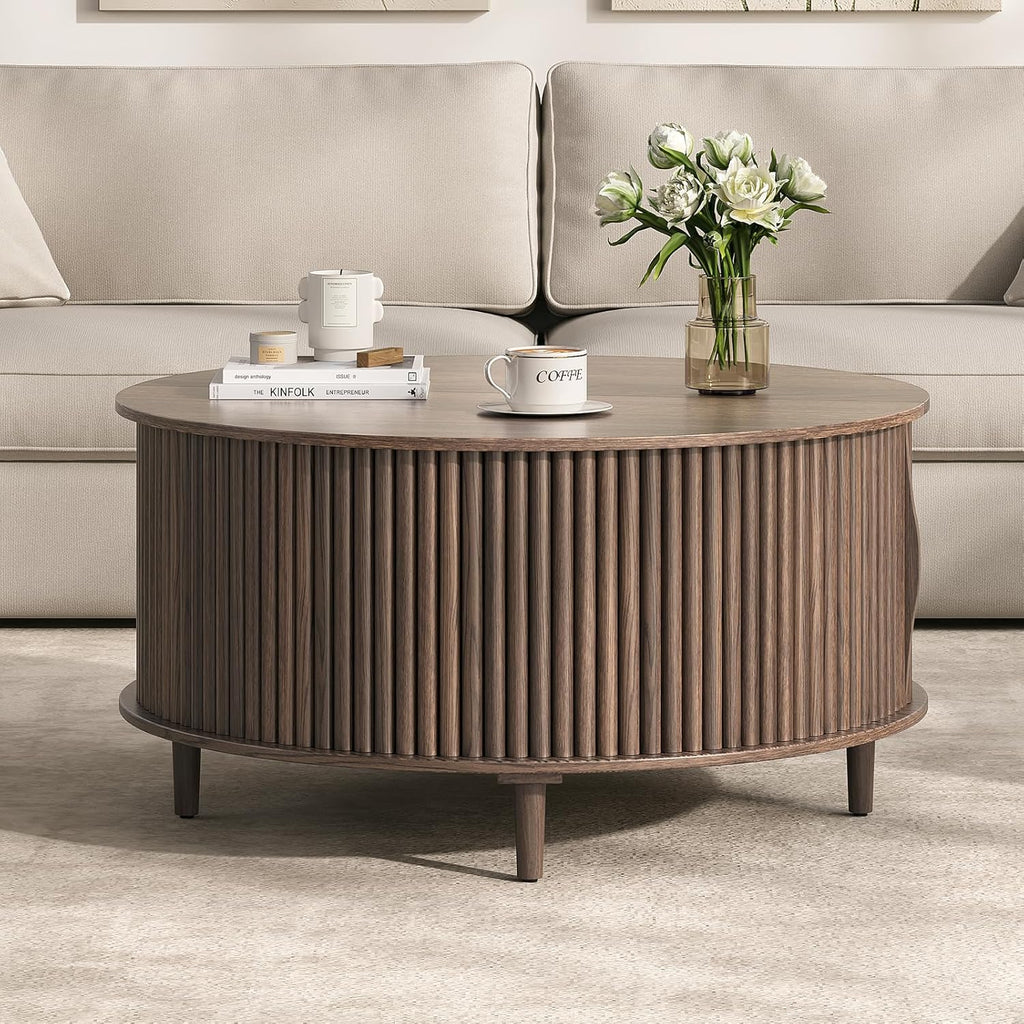 JOINICE,Round Coffee Table with Storage, 31.5" Fluted Center Table for Living Room, Modern Walnut Wood Circle Drum Table with Sliding Cabinet Door, Mid Century Furniture for Small Space
