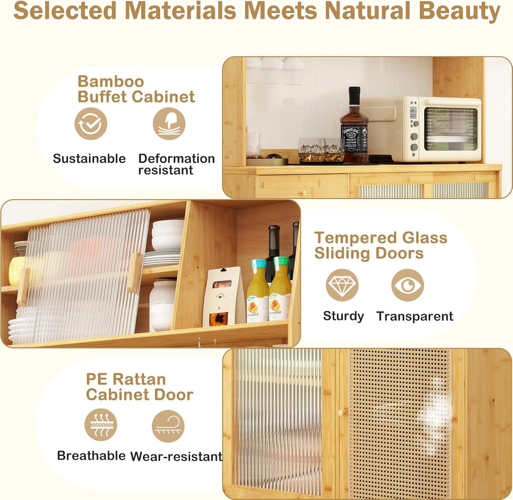 LOKO 69” Tall Bamboo Pantry Cabinet with Hutch, Kitchen Buffet Sideboard with Tempered Glass & PE Rattan Doors, Microwave Shelf, Glass Holder, Floor Cupboard Wine Bar Cabinet, Natural