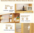 LOKO 69” Tall Bamboo Pantry Cabinet with Hutch, Kitchen Buffet Sideboard with Tempered Glass & PE Rattan Doors, Microwave Shelf, Glass Holder, Floor Cupboard Wine Bar Cabinet, Natural