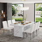 63" Dining Table Set for 6, White Faux Marble Dining Room Table and 6 PU Leather Chairs with Silver Metal Legs, Easy Assembly Kitchen Dining Set for Home, Apartment