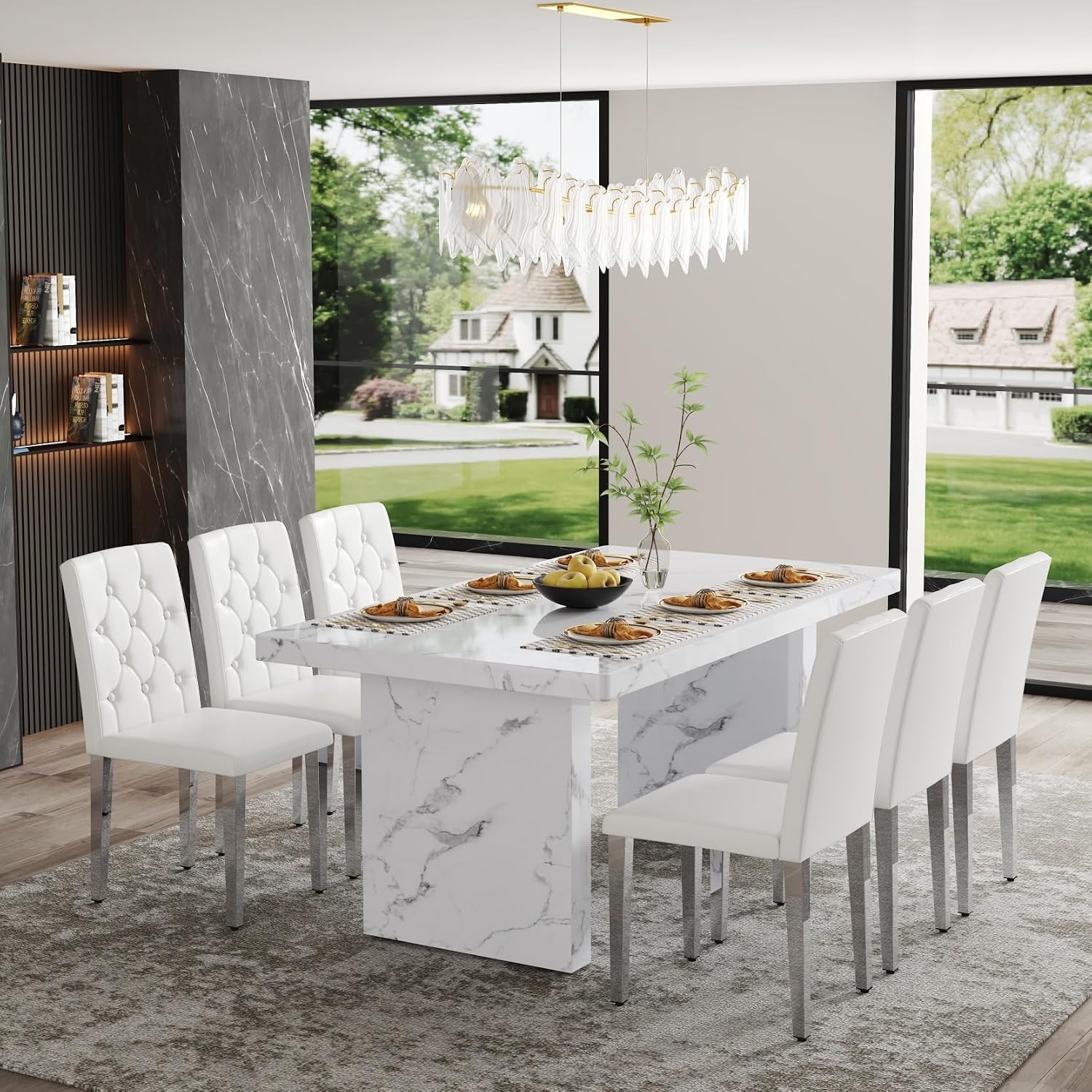 63" Dining Table Set for 6, White Faux Marble Dining Room Table and 6 PU Leather Chairs with Silver Metal Legs, Easy Assembly Kitchen Dining Set for Home, Apartment