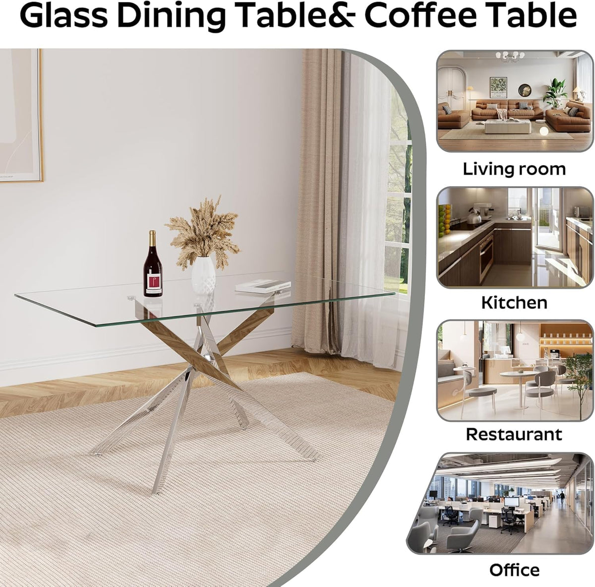 Modern Glass Dining Table Set for 4, 5-Piece Rectangular Kitchen Table Set with Silver Sturdy Metal Legs&4 Black Faux Leather Dining Chairs for Home Dining Room Kitchen