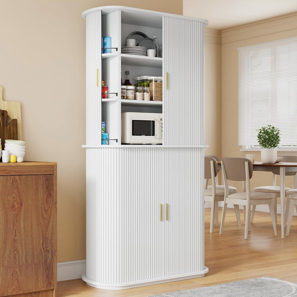 iPormis Kitchen Pantry with Sliding Doors, Tall Modern Curved Pantry Storage Cabinets with Drawer & Pull Out Shelves, 64-Inch Freestanding Wood Cupboard for Kitchen Dining Room Living Room, White
