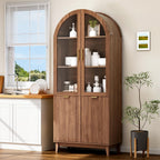 71" Tall Arched Pantry Cabinet, Kitchen Pantry with Glass Doors & Fluted Doors, Wood Storage Cabinet with Adjustable Shelf, Versatile Cupboard for Kitchen, Living Room,Walnut