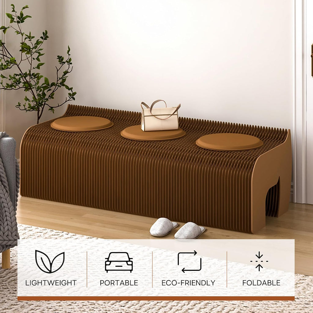 Modern Accordion Folding Paper Stool with 3 Cushions, Portable & Durable Honeycomb Kraft Paper Bench Chair for Living Room, Dining, Office, Kitchen, Eco-Friendly Decorative Foot Stool (Brown, 39~59in)