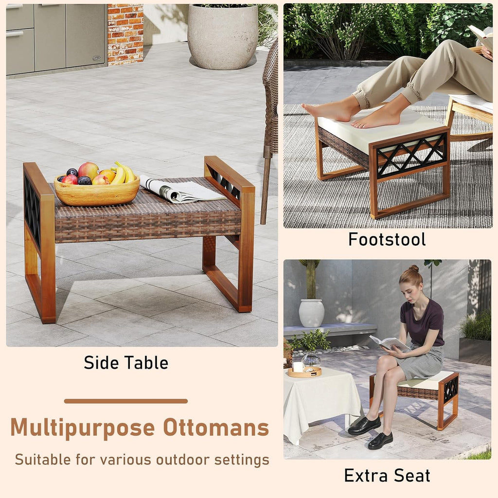 RELAX4LIFE Wicker Outdoor Ottomans for Patio - Set of 2 Rattan Outside Footstool w/Removable Cushion, Wood & Metal Frame, 3-in-1 Foot Rest, Extra Seating & Side Tables for Porch Backyard Poolside