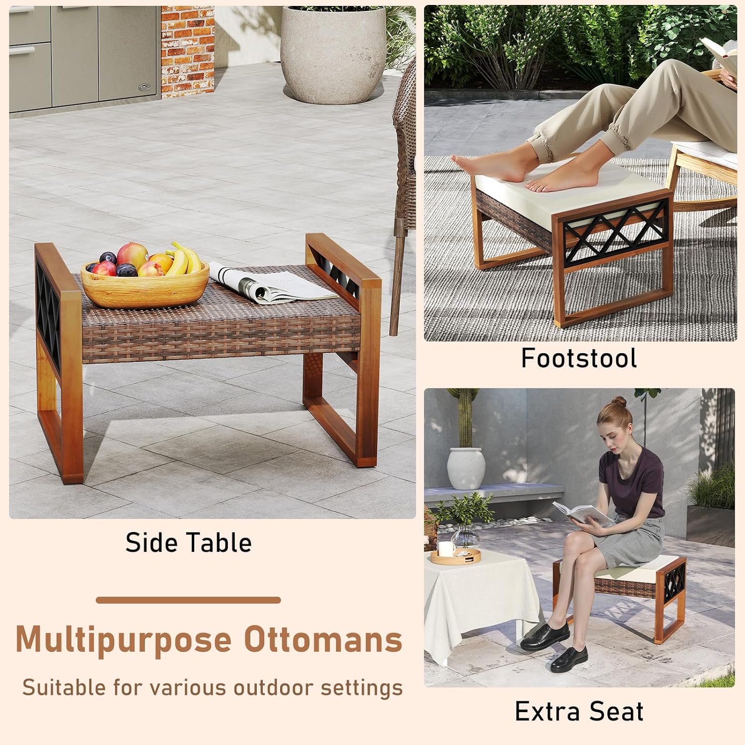 RELAX4LIFE Wicker Outdoor Ottomans for Patio - Set of 2 Rattan Outside Footstool w/Removable Cushion, Wood & Metal Frame, 3-in-1 Foot Rest, Extra Seating & Side Tables for Porch Backyard Poolside