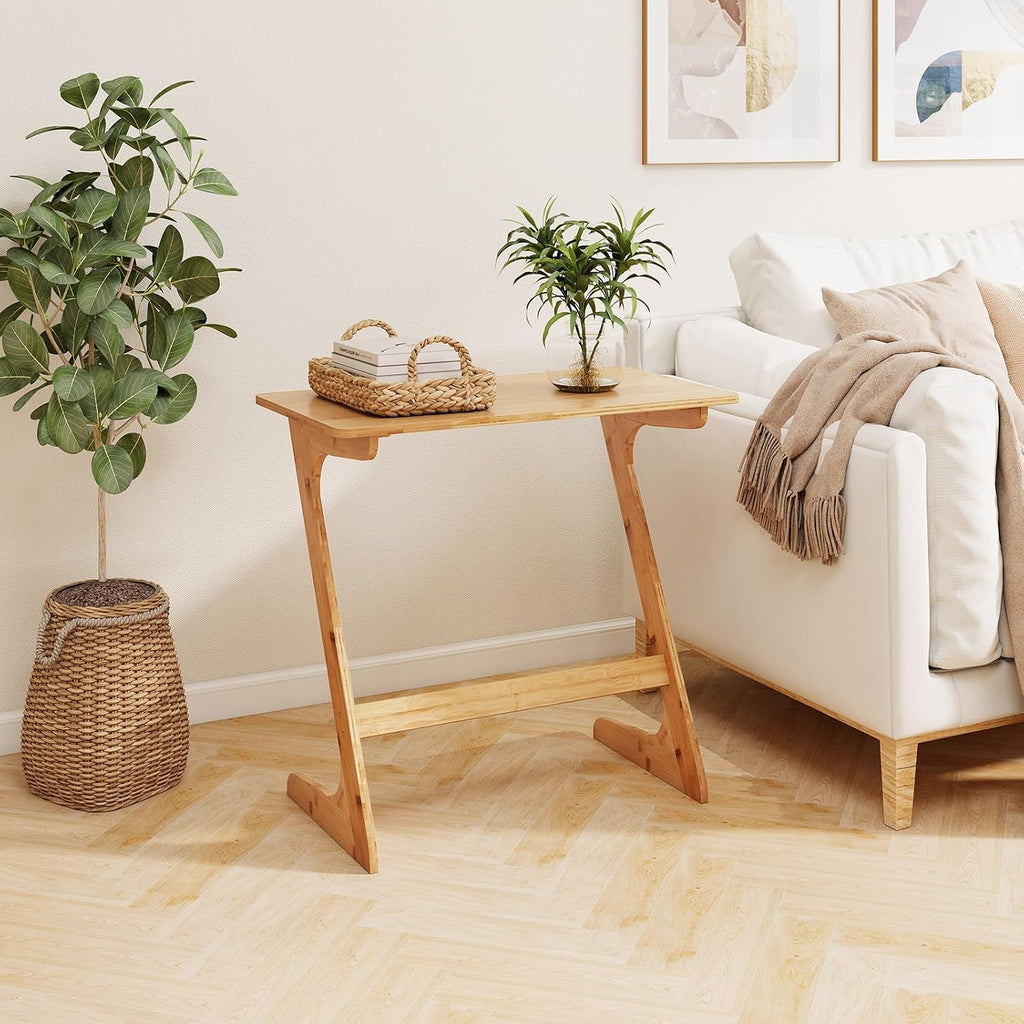 Giantex Bamboo TV Tray Table Set of 2, Z Shaped Sofa Side Table for Eating Snacks Coffee Laptop, Modern TV Dinner for Small Spaces Living Room Bedroom, Natural