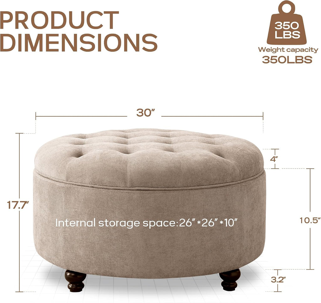 HUIMO 30-Inch Round Storage Ottoman, Button Tufted Coffee Table(Brown) | Ottoman Coffee Table with Removable Top, Upholstered Ottoman with Storage, Footrest Stool for Living Room, Bedroom and Office