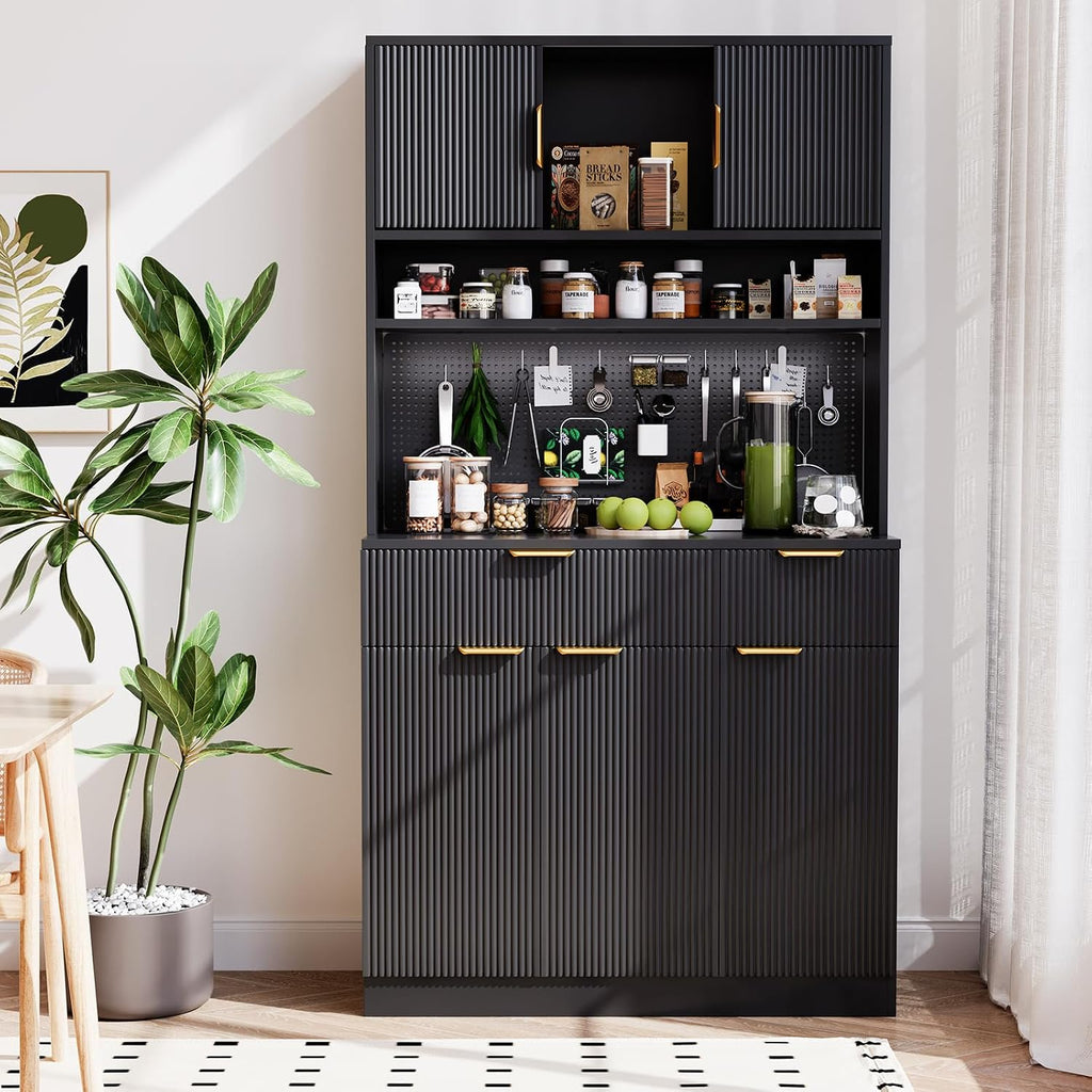 Kitchen Pantry Cabinet with Storage & Pegboard, 71" Tall Hutch Storage Cabinet with Power Outlets, Freestanding Food Pantry with Microwave Stand Spice Rack for Dining Room - Black