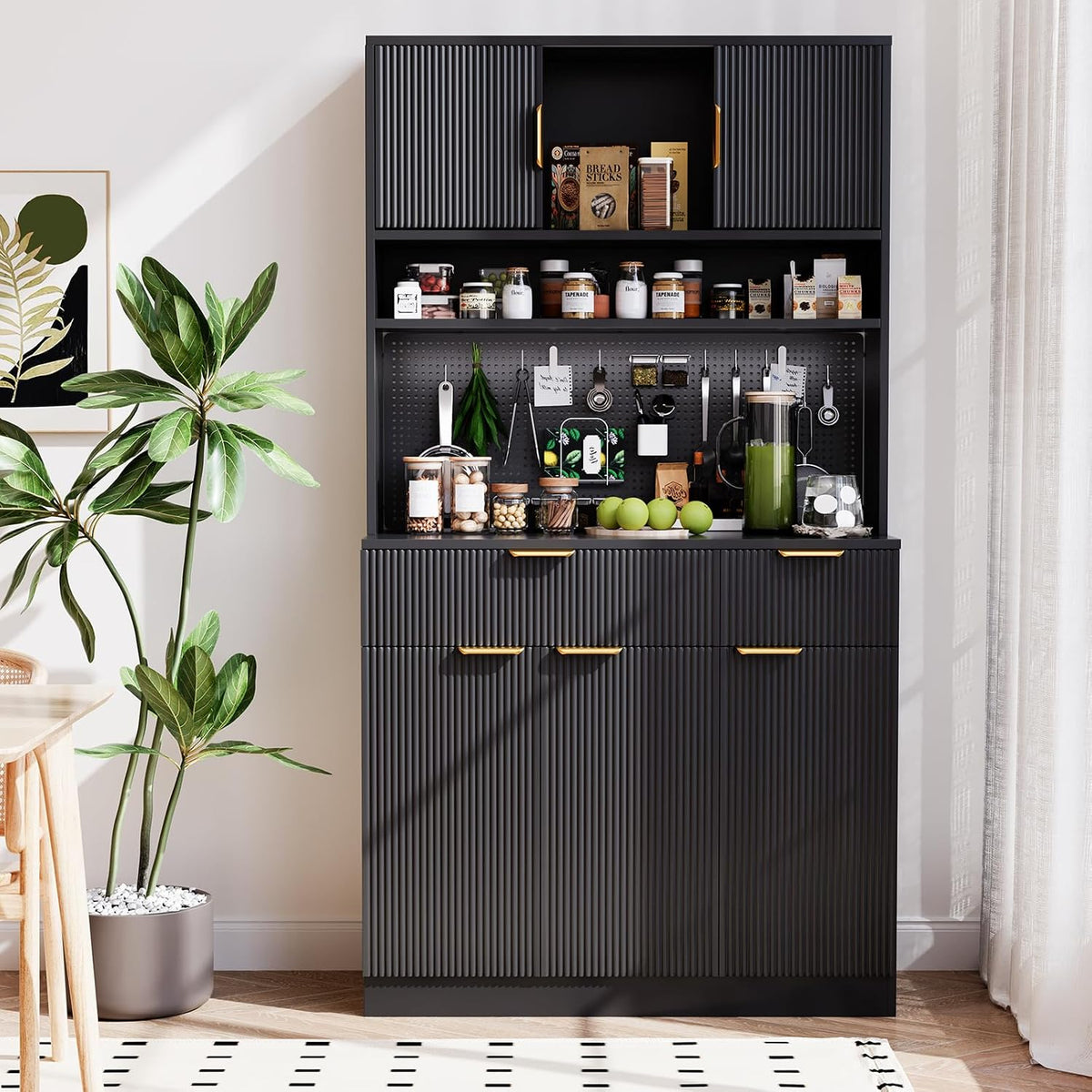 Kitchen Pantry Cabinet with Storage & Pegboard, 71" Tall Hutch Storage Cabinet with Power Outlets, Freestanding Food Pantry with Microwave Stand Spice Rack for Dining Room - Black