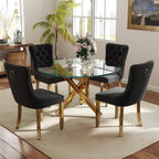 yeag 39'' Modern Round Dining Table Set for 4, Tempered Glass Top & Square Tube Crossed Metal Legs, with 4 Velvet Upholstered Tufted Chairs (Gold & Black)