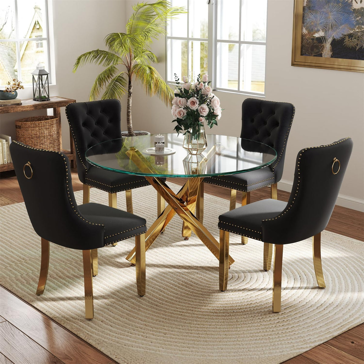 yeag 39'' Modern Round Dining Table Set for 4, Tempered Glass Top & Square Tube Crossed Metal Legs, with 4 Velvet Upholstered Tufted Chairs (Gold & Black)