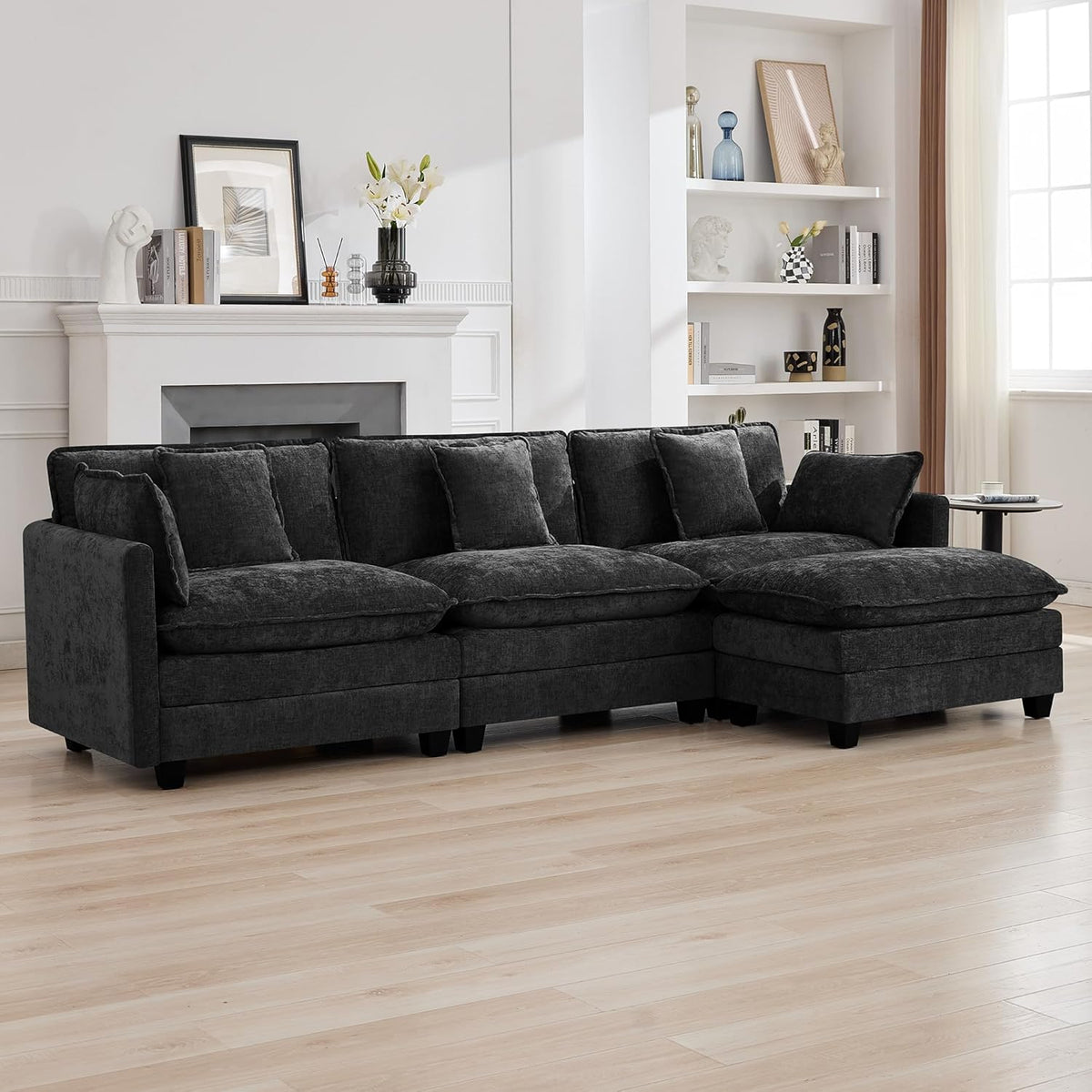 111'' Sectional Cloud Deep Seat Couch, Modern Comfy Chenille L Shaped Sectional Sofa for Living Room Set, Upholstered Modular 4-Seats Sofa Couch with 1 Movable Ottoman, Dark Grey