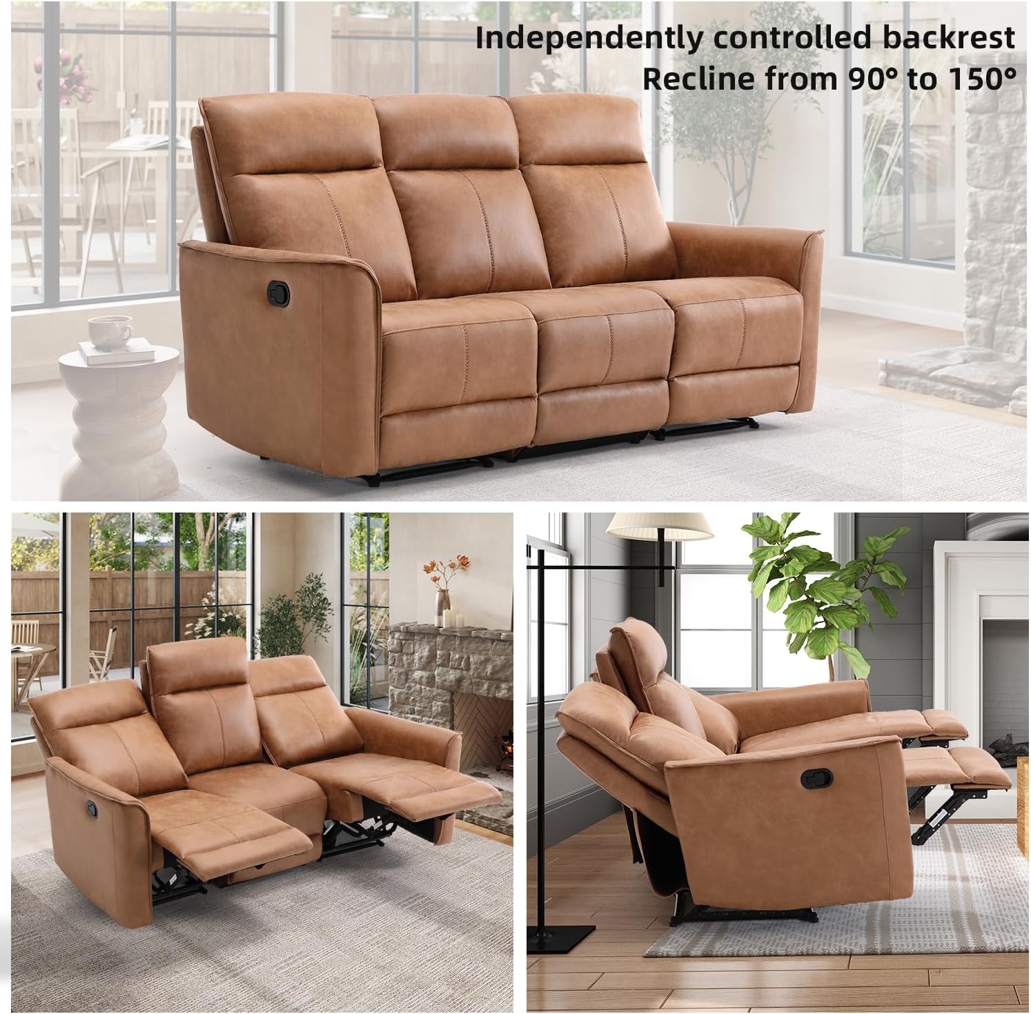 CANMOV Manual Loveseat Recliner Sofa, Wall-Hugger 3 Seat Reclining Love Seat Couches, Leathaire Reclining Sofa Set, 3-Seater Recliner Chair for Living Room, Office, Apartment, Brown