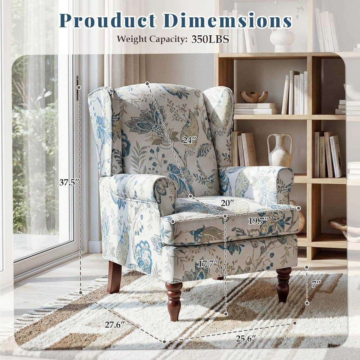 EROMMY Floral Accent Chair, Comfortable High Back Upholstered Armchair with Solid Wood Legs, Leisure Single Sofa Chair for Living Room, Home Office, Bedroom, Blue Floral