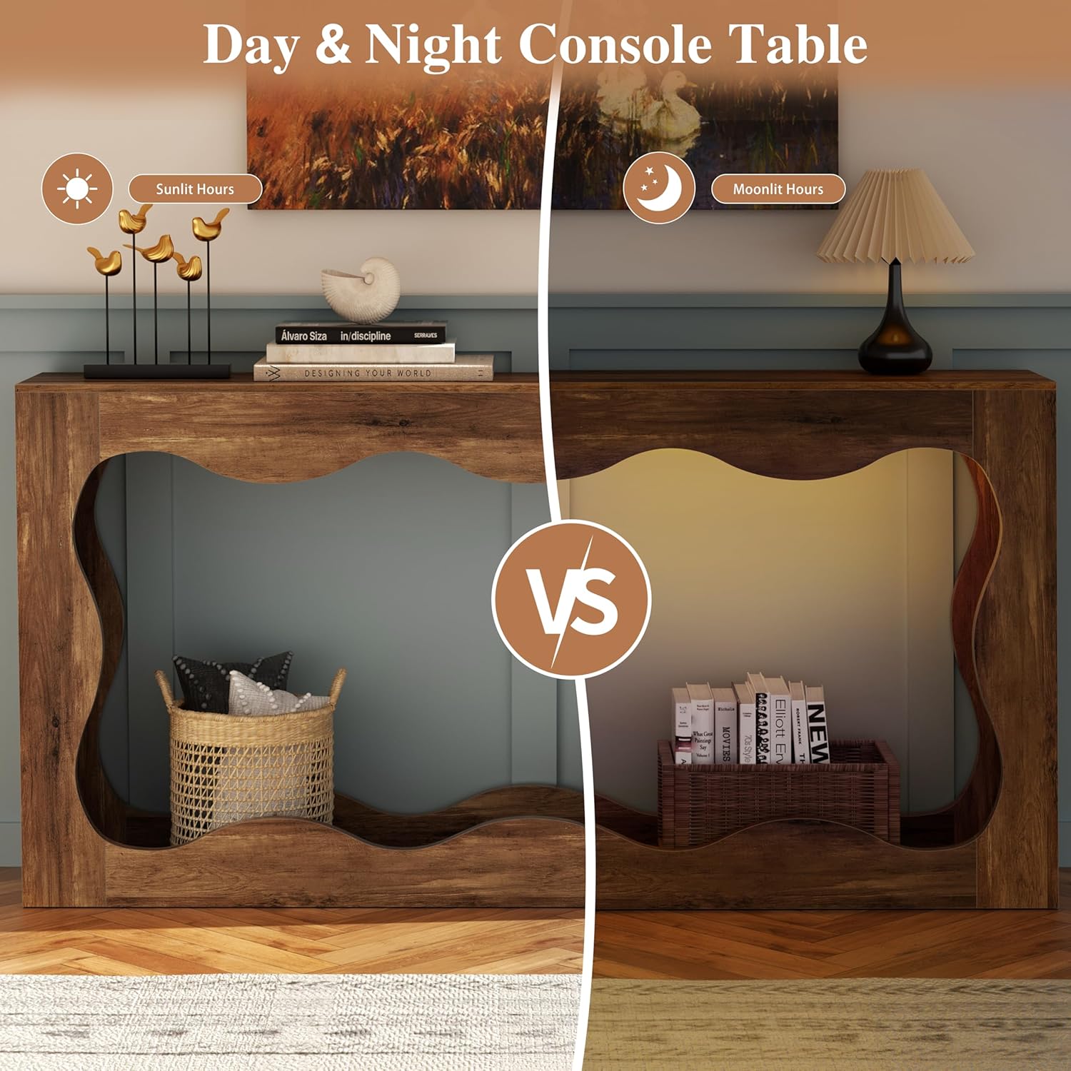 Vongrasig 63-Inch Farmhouse Entryway Table with Light Strips, Scalloped Console Table with Built-in Storage, Narrow Long Behind Couch, Wooden Curvilinear Sofa Table for Entrance, Hallway, Brown
